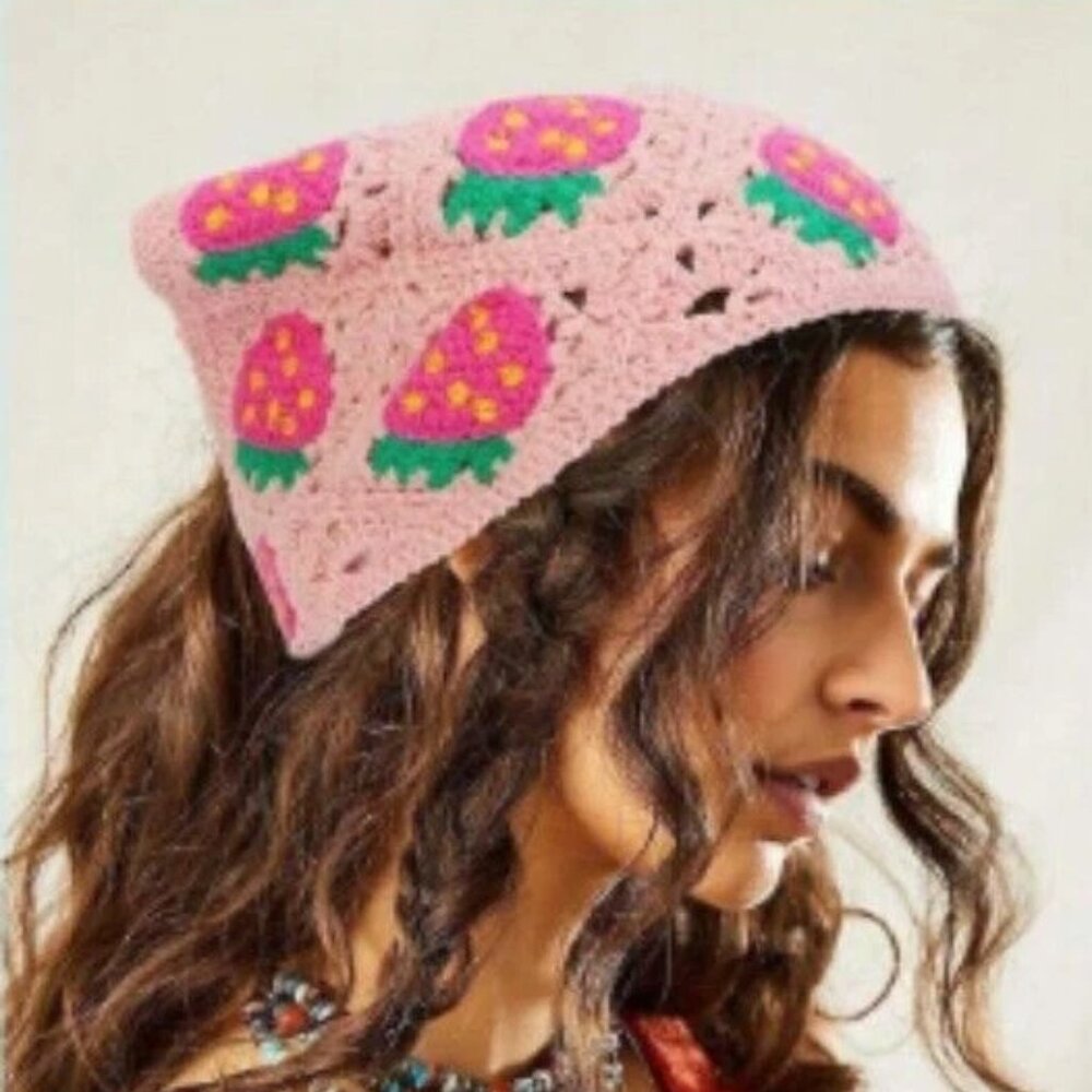 Crochet Strawberry Bandana Tie Bonnet Hat - Picture 3 of 4